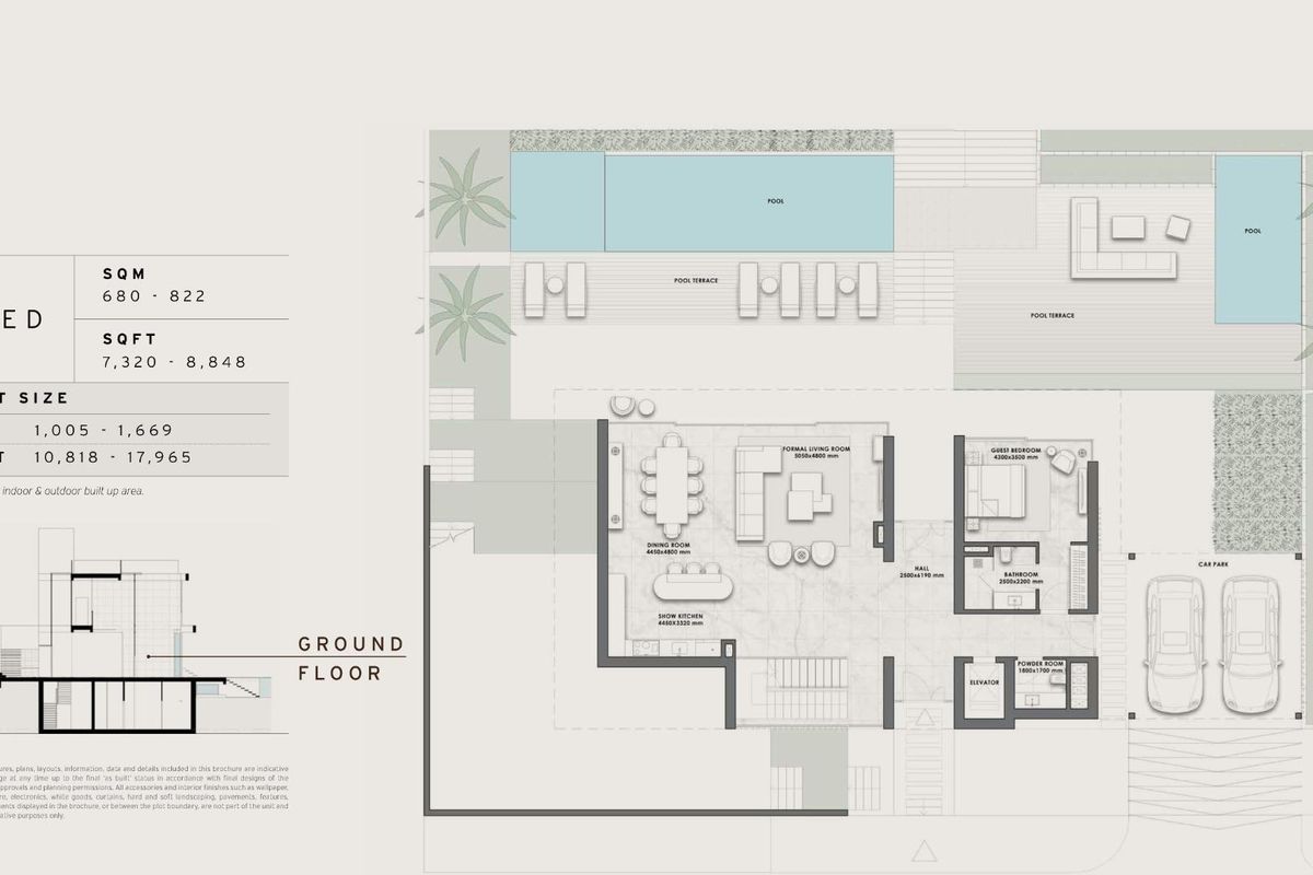 Begane grond plattegrond van een ruime 4-slaapkamer villa, met woonruimtes en buitenruimte in Benahavís, Costa del Sol.