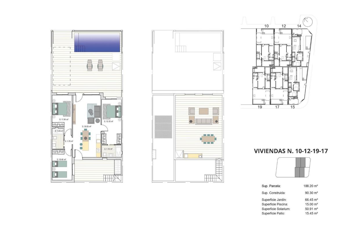 Gedetailleerde plattegrond van een 3-slaapkamer townhouse die kamers en indeling toont in Torre Pacheco, Costa Calida.