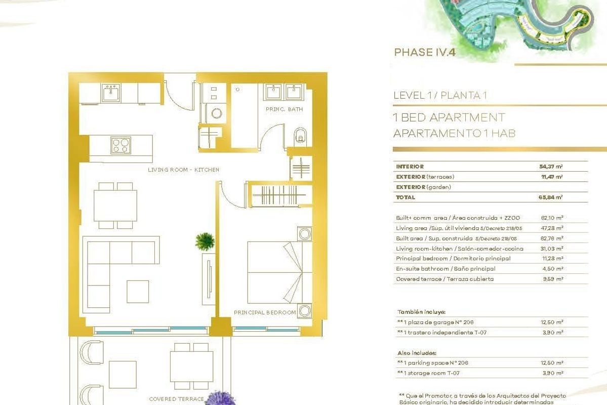 Plattegrond van een 1-slaapkamer appartement in Mijas, Costa del Sol, met details van de indeling.