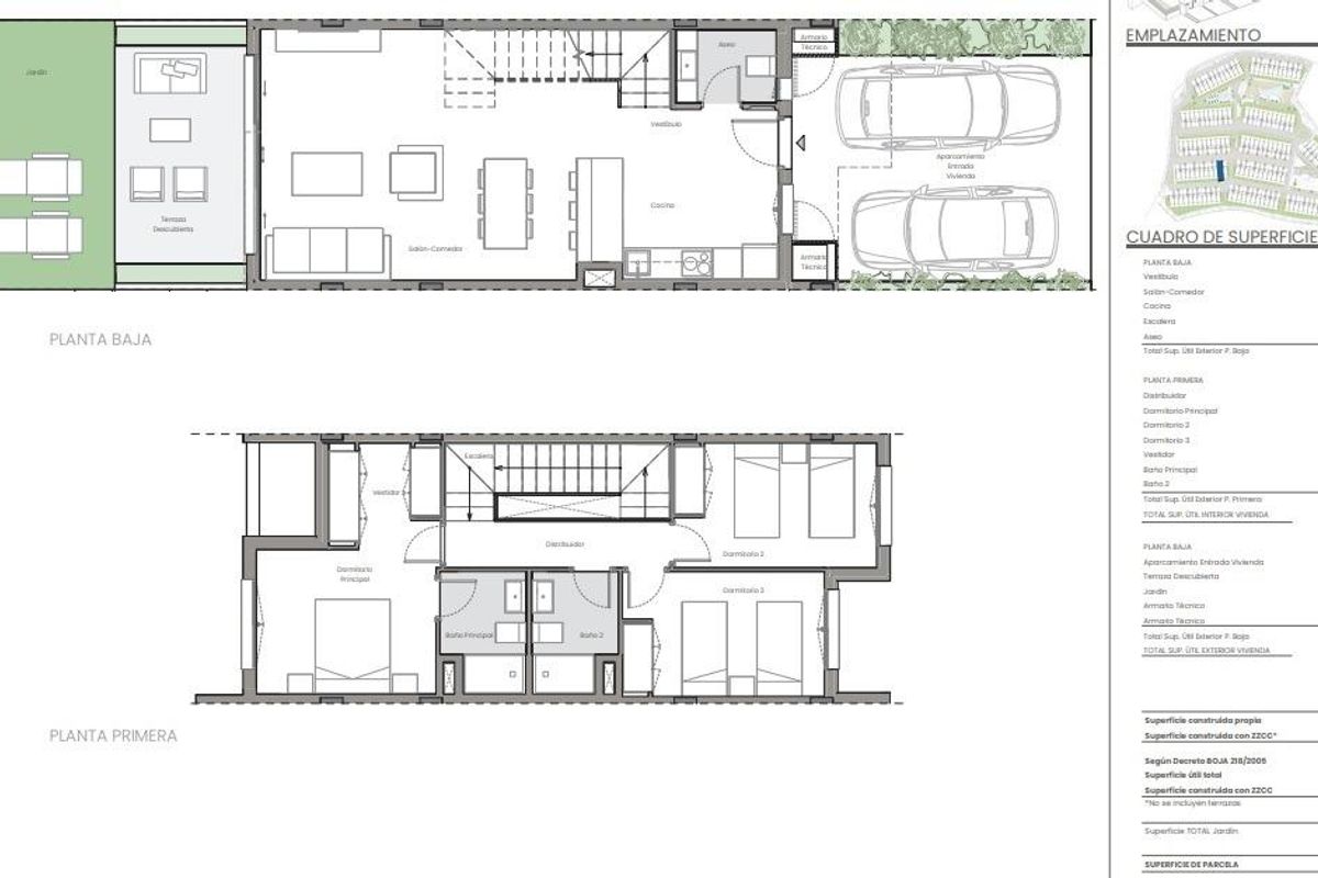 Grondplan van een 3-slaapkamer townhouse in Mijas, met de indeling van de begane grond en eerste verdieping.