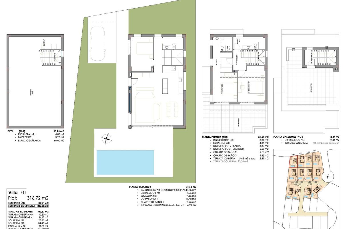 Plattegrond van een 3-slaapkamer villa in San Miguel de Salinas, Costa Blanca, inclusief zwembad en tuinindeling.