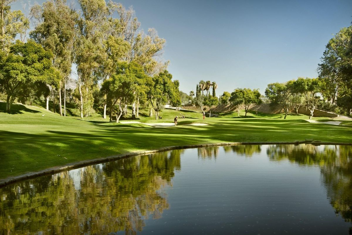 Scène van een golfbaan in Marbella, Costa del Sol, met weelderig groen en een reflecterende vijver.