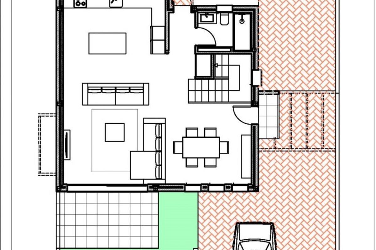 Indeling van de benedenverdieping van de villa, met nadruk op woonruimtes en buitenpatio in Denia, Costa Blanca.