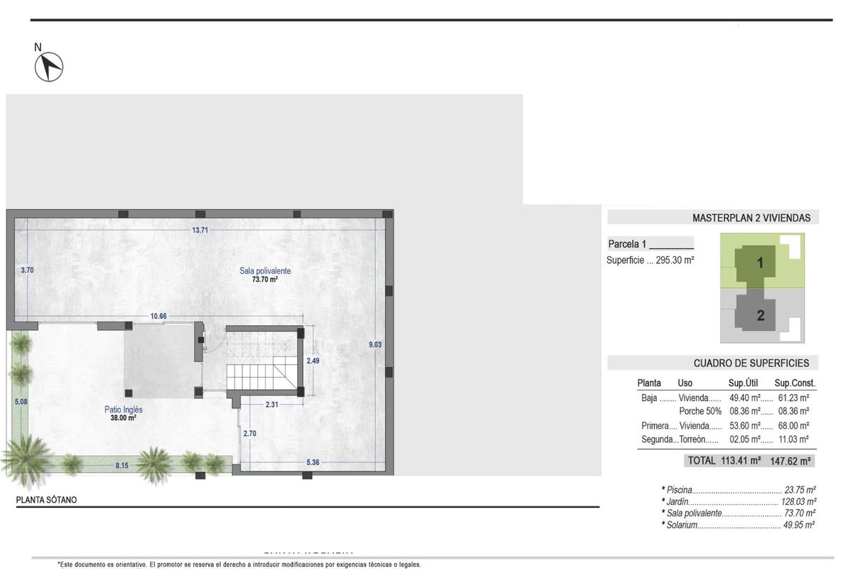 Plattegrond van de kelderverdieping van een rijtjeshuis in Torre Pacheco, Spanje, met ruimtegebruik.