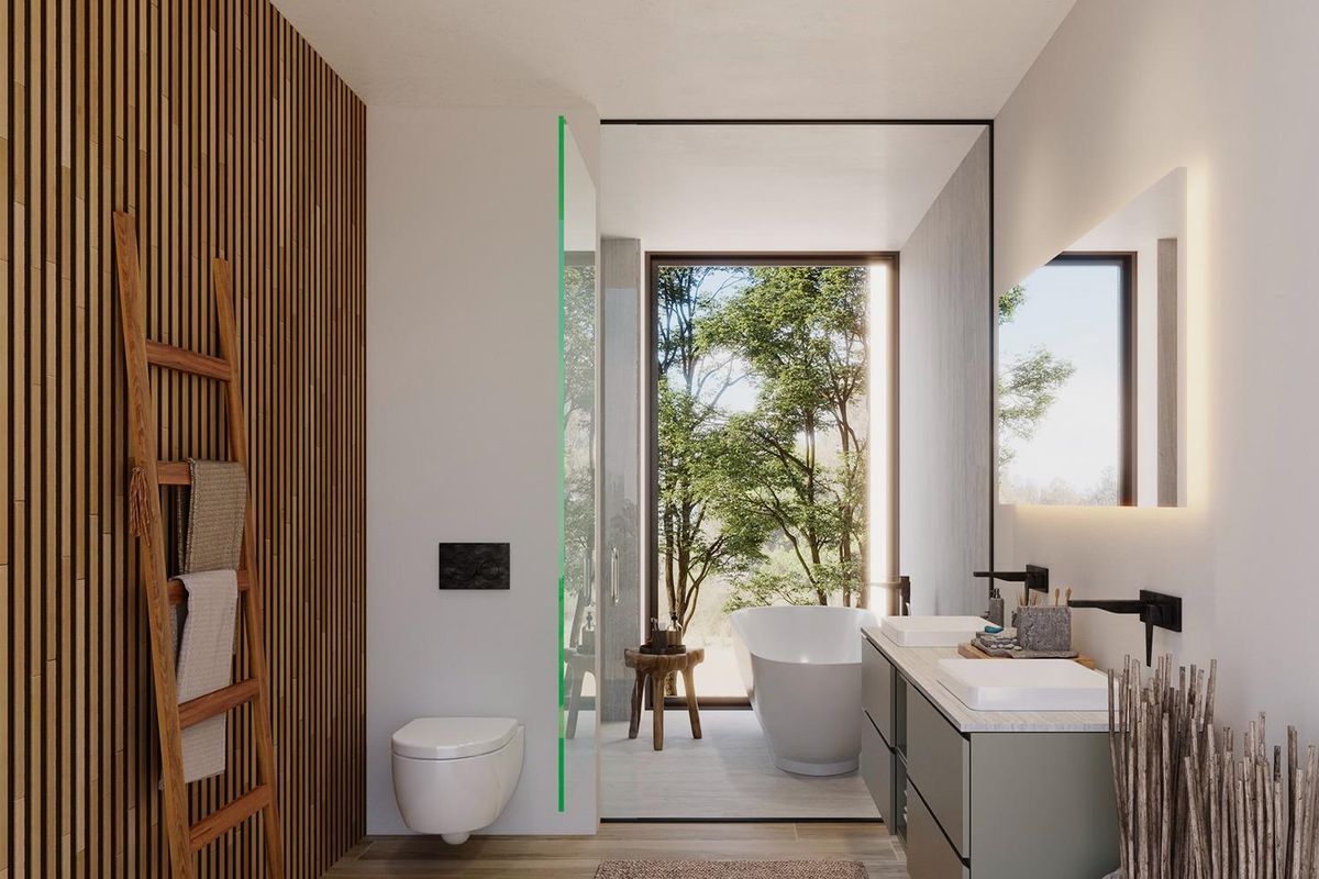 Strakke moderne badkamer met badkuip in een villa in Marbella, Costa del Sol.