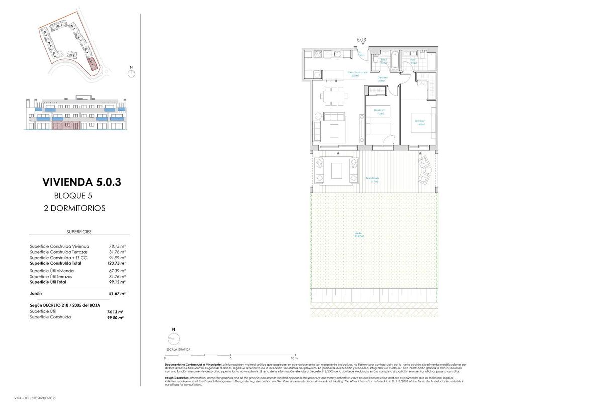 Gedetailleerde indeling van een 2-slaapkamer appartement met terras in Casares, Costa del Sol, met nadruk op woonruimtes.