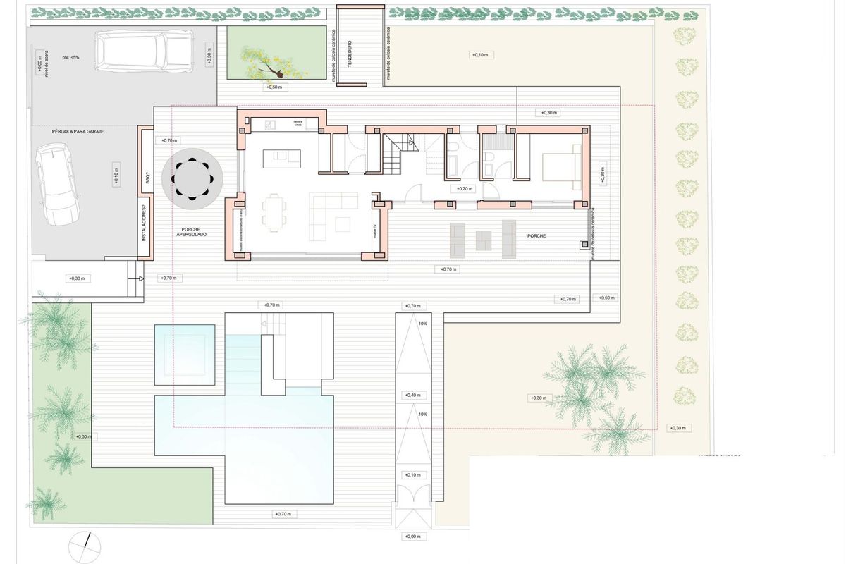 Plattegrond van een 4-slaapkamer villa in Orihuela Costa, met lay-out en buitenruimtes.