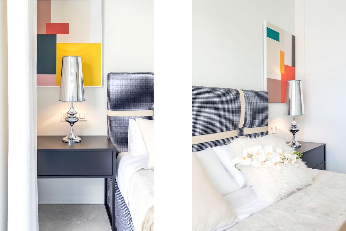 Gezellige slaapkamer met moderne inrichting en zachte verlichting, onderdeel van een 2-slaapkamer appartement in Finestrat, Costa Blanca Noord.