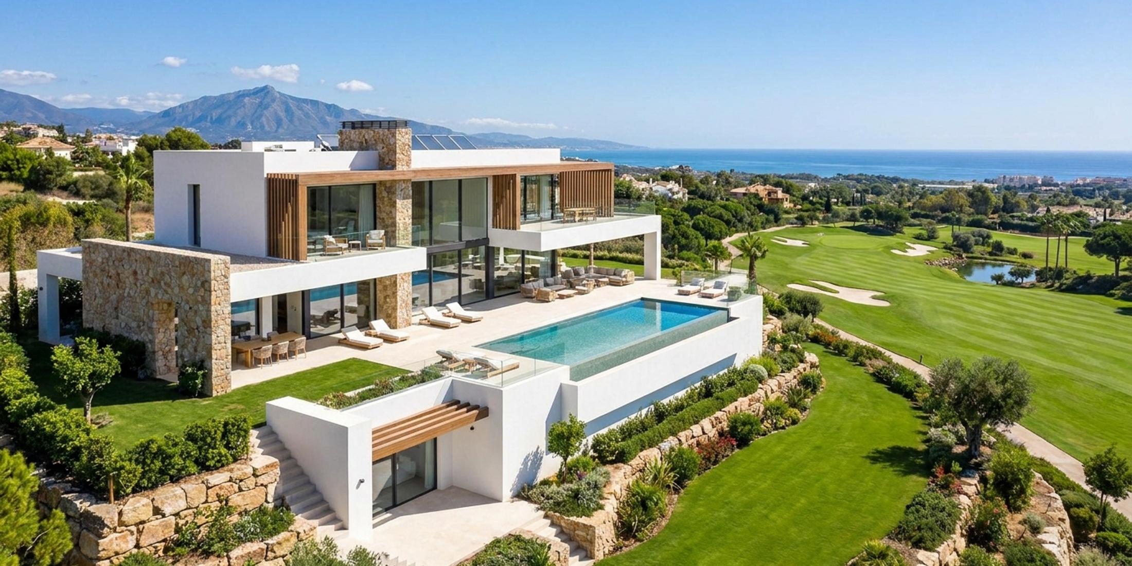 Légifelvétel egy luxus modern villáról, amely egy spanyolországi zöld golfpályára néz