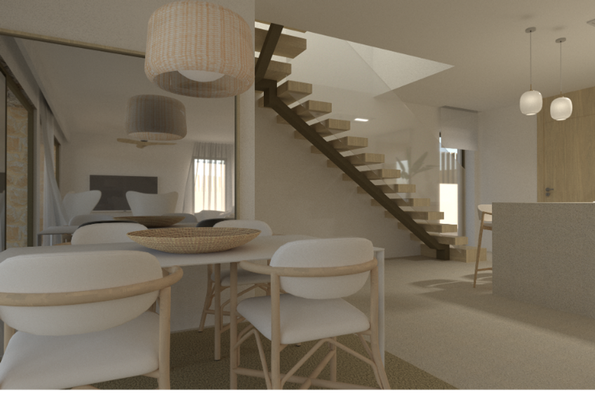 Stijlvolle eetruimte en keuken in de 4-slaapkamer villa in Denia, met trap en decor.