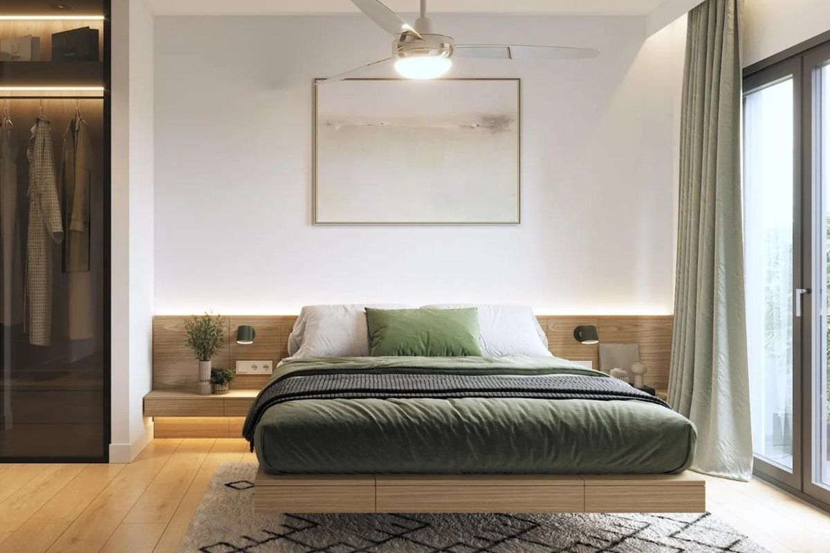 Chique slaapkamer met natuurlijk licht en hedendaags design in een bungalow gelegen in San Pedro del Pinatar, Spanje.