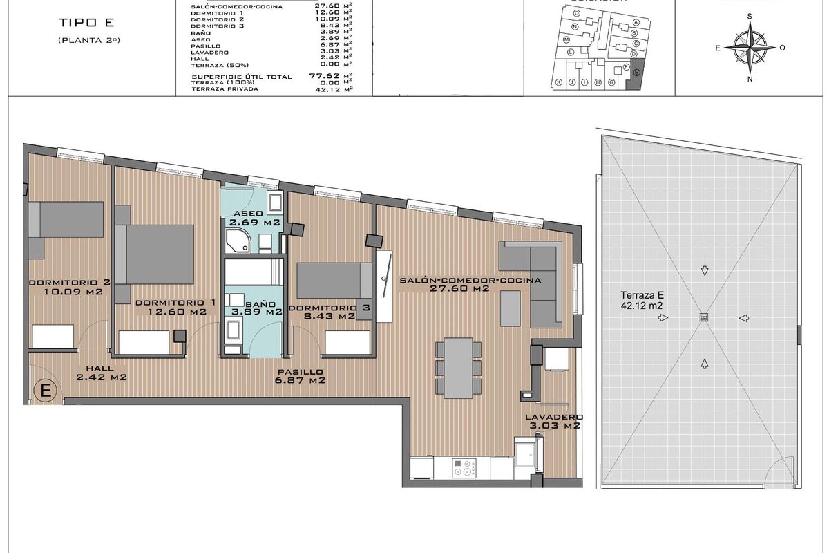 Plattegrond van een 3-slaapkamer penthouse in Algorfa, Spanje, met woonruimtes en keukenindeling.