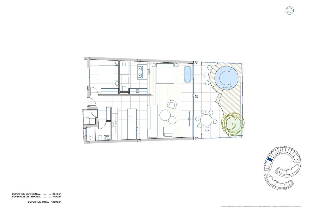 Plattegrond van een 2-slaapkamer penthouse in Fuengirola, met een open indeling en modern ontwerp.
