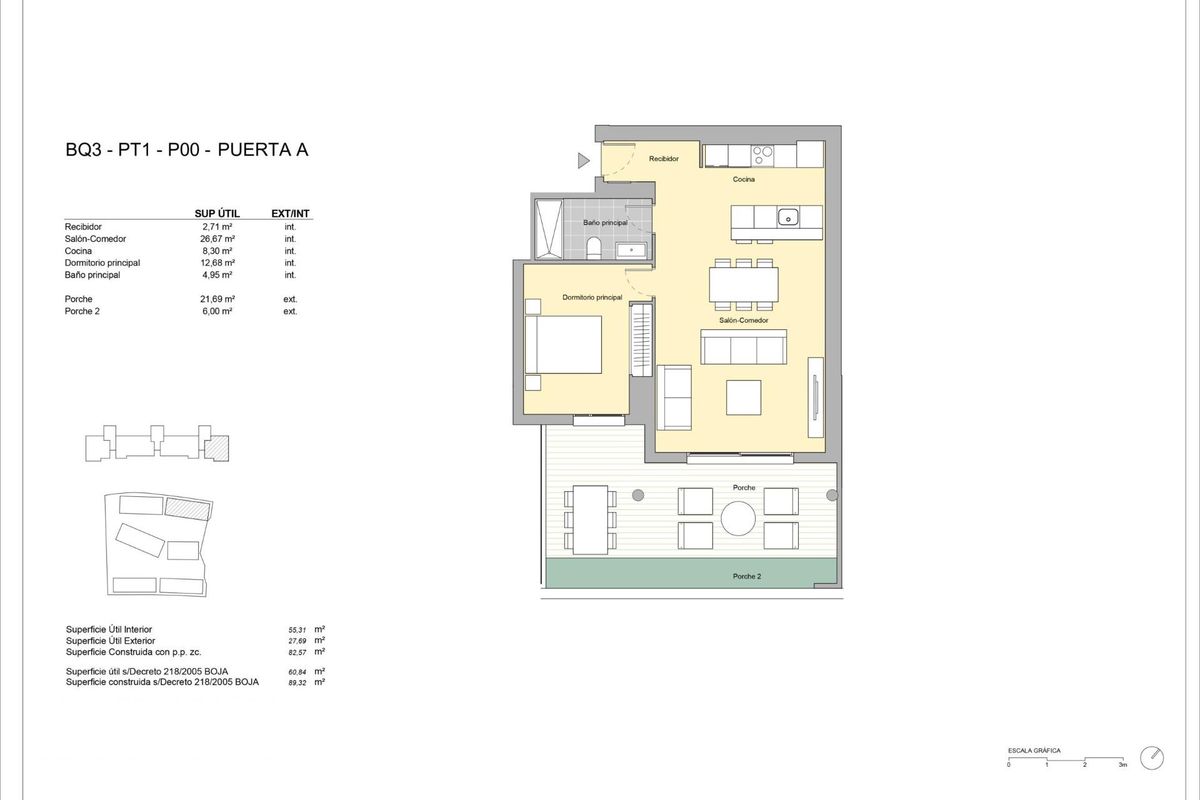 Plattegrond van een stijlvol 1-slaapkamer appartement op de begane grond in Estepona, met een overzicht van de indeling.