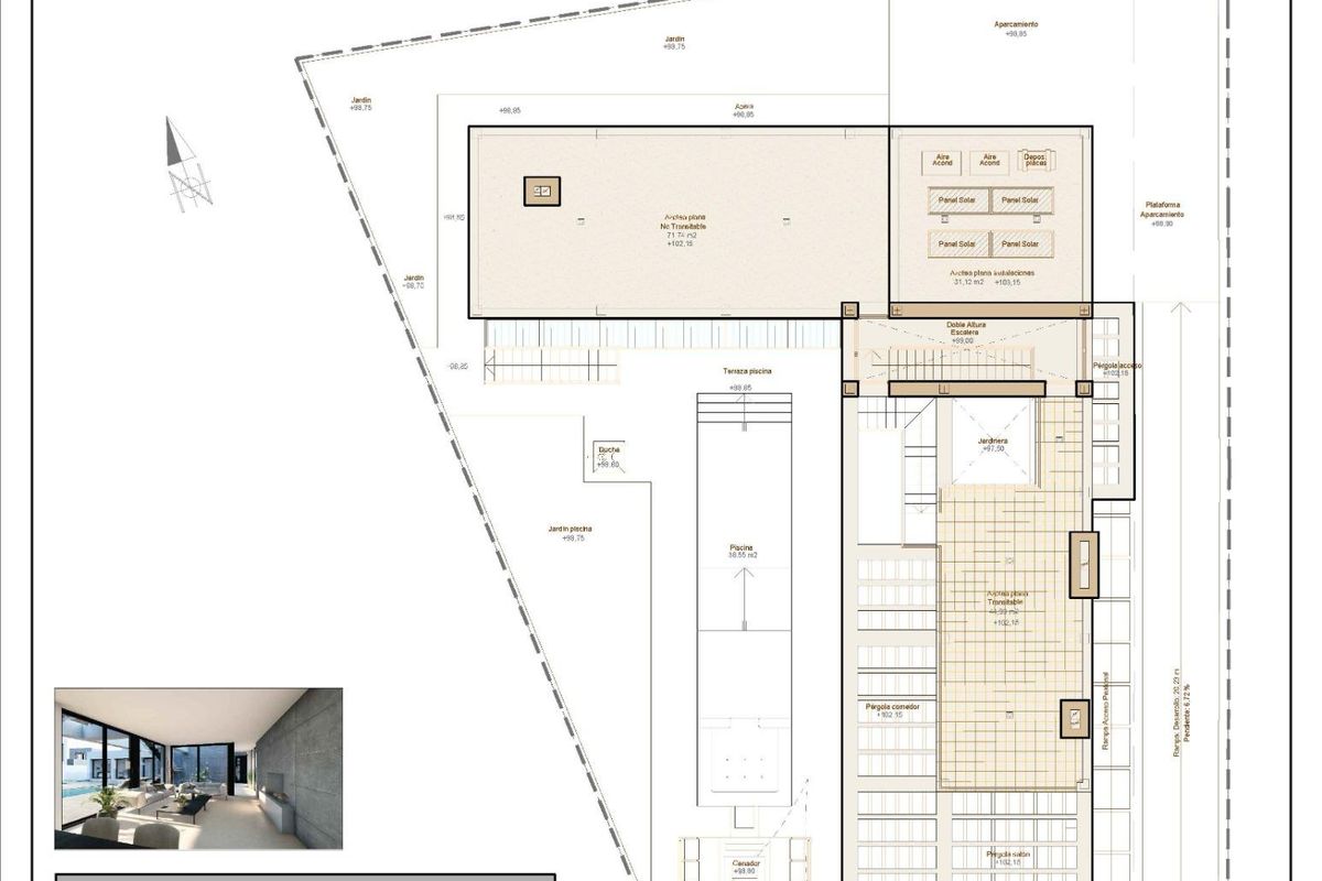 Plattegrond van een 6-slaapkamer villa in Mijas, Costa del Sol, met indeling van het terras en buitenruimtes.