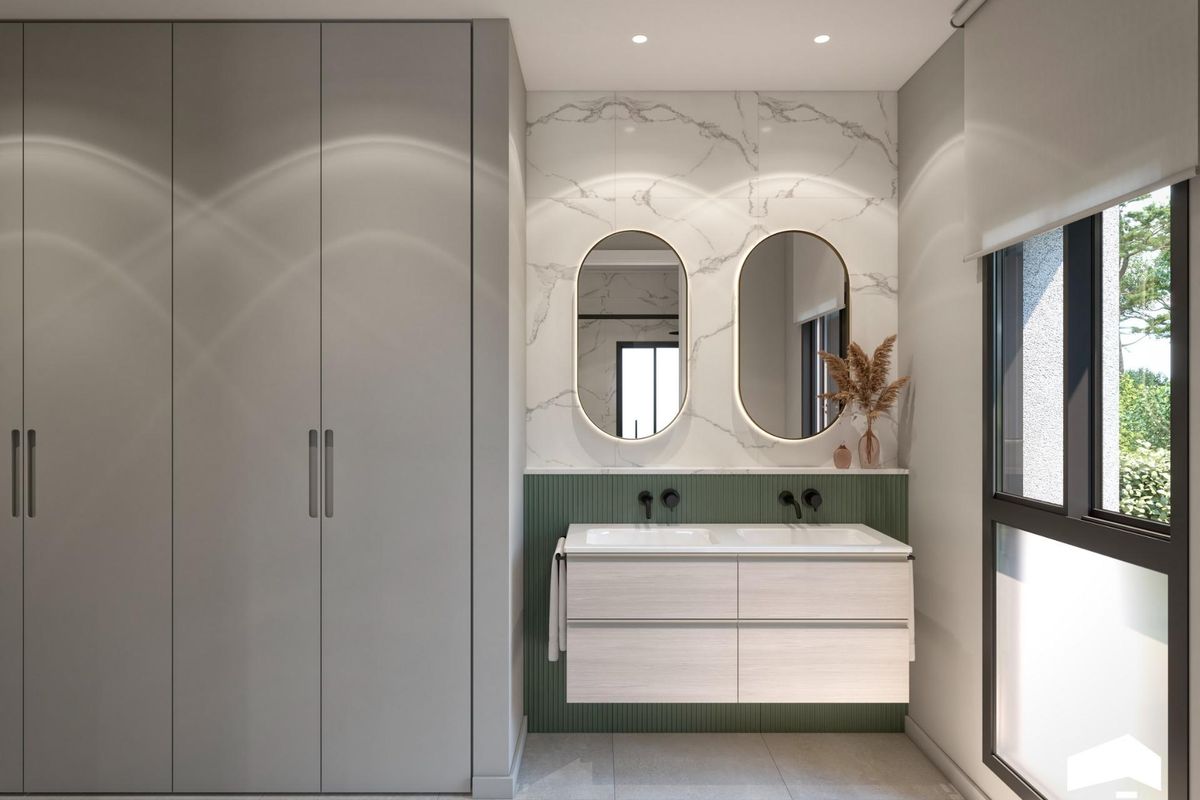 Hedendaagse badkamer met dubbele wastafels en moderne afwerkingen in een 3-slaapkamer villa in Torre Pacheco.