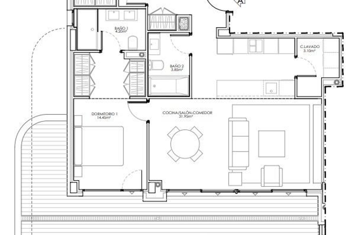 Floor plan of a 3-bed apartment with terrace in Costa del Sol. Shows layout of bedrooms, bathrooms, living, kitchen and terrace.