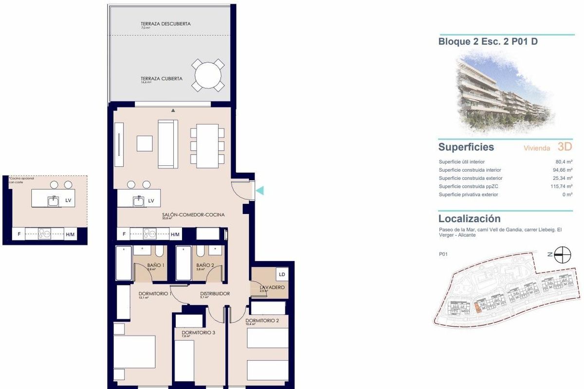 Plattegrond van een specifieke indeling van een 3-slaapkamerappartement in het Denia-complex.