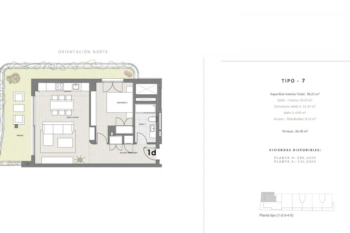 Gedetailleerde plattegrond van een een-slaapkamer appartement in Estepona, Costa del Sol met lay-outspecificaties.