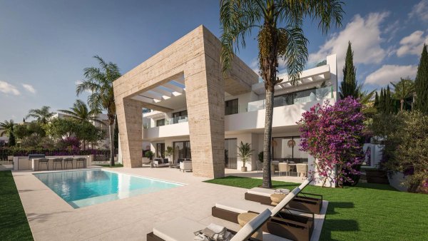 Moderne villa met 5 slaapkamers, zwembad en tuin in Estepona, Spanje, met hedendaagse architectuur en landschapsontwerp.