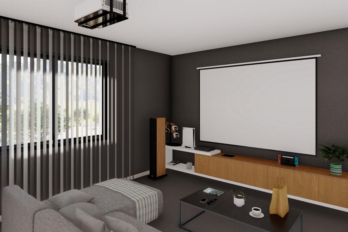 Moderne woonkamer met een projector en strak ontwerp in een villa die te koop staat in Yecla, Costa Blanca Noord.