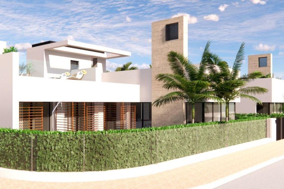 Stijlvolle hoek van 3-slaapkamer villa in Torre Pacheco, omgeven door palmbomen en moderne architectuur.