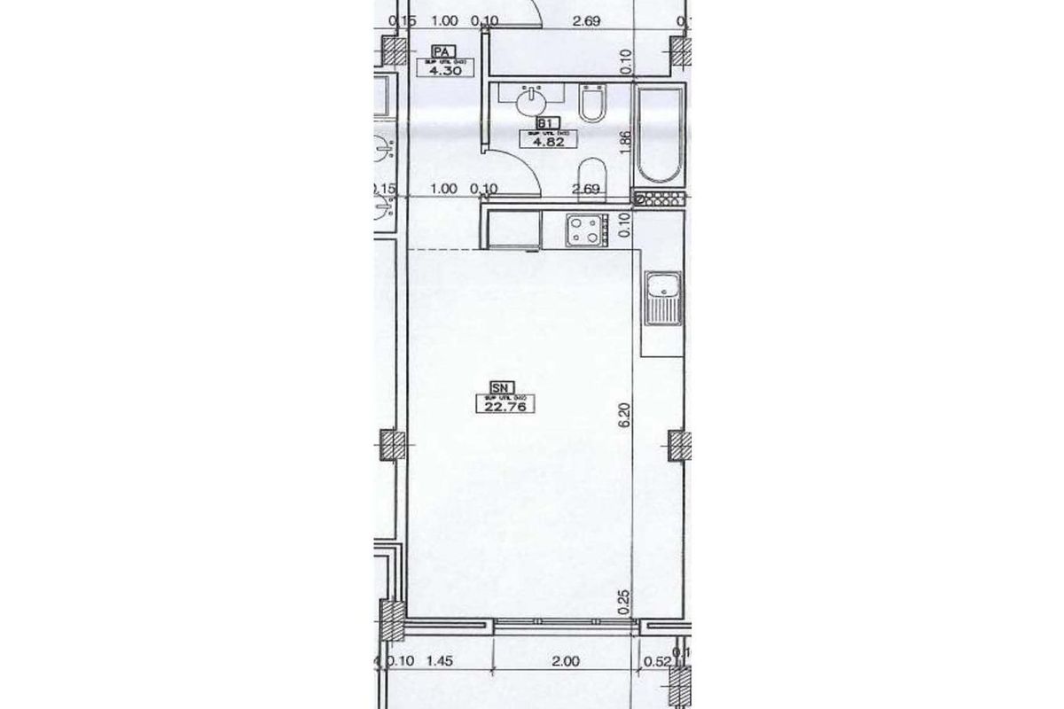 Floorplan of a 1-bed apartment in Relleu, Costa Blanca, showing the layout of rooms and dimensions. Architectural drawing.