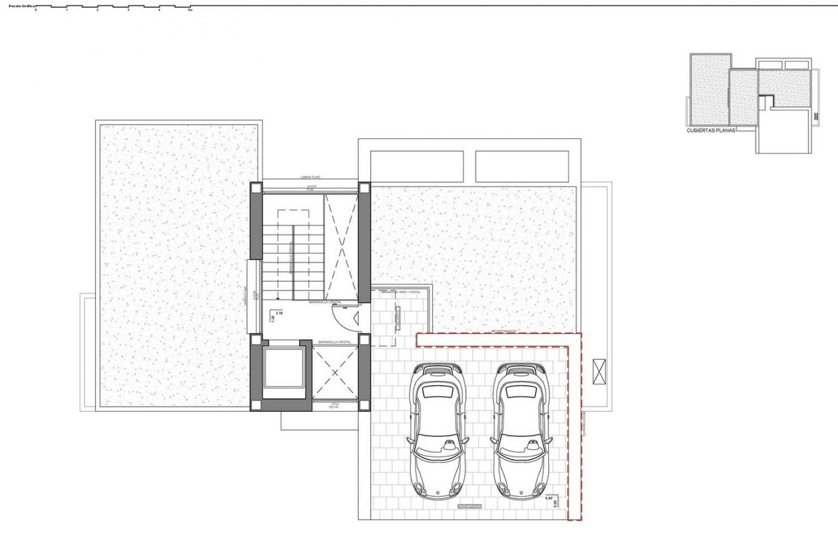 Situatieplan met parkeerplaatsen en indelingskenmerken voor een villa in Altea, Costa Blanca Noord.