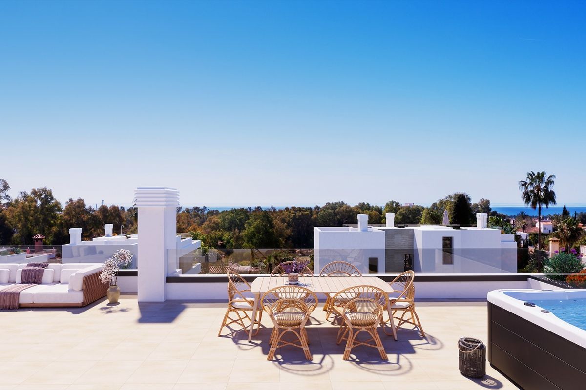 Ruim dakterras met uitzicht vanaf een villa in San Pedro De Alcantara, met uitzicht op de zee en palmbomen.