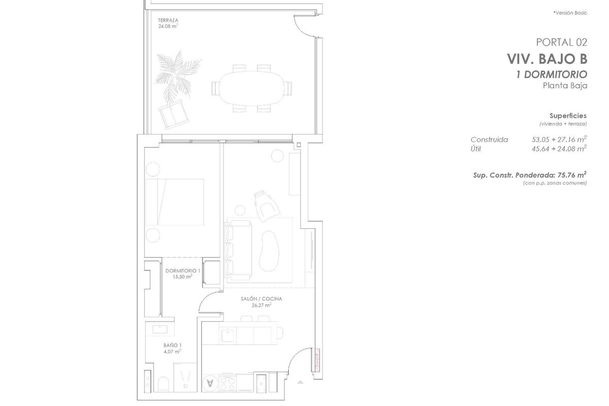 Plattegrond van een gelijkvloers 1-slaapkamer appartement in Fuengirola, Costa del Sol.