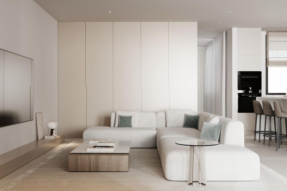 Contemporary woonkamer in de penthouse van Estepona, met een grote sofa en een strakke entertainmentopstelling.