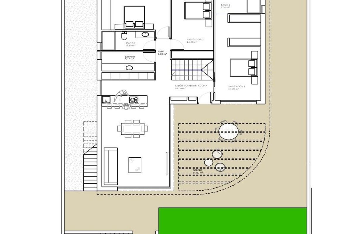Begane grond indeling van een 3-slaapkamer villa in Finestrat, Costa Blanca, met open woonkamer en buitenruimte.