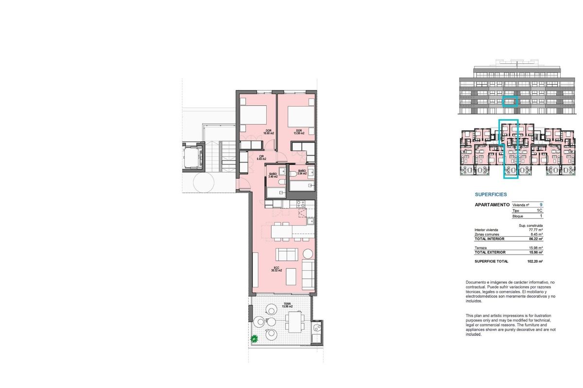 Plattegrond voor een 2-slaapkamer appartement in torre pacheco, spanje. toont indeling met afmetingen, terras, woonruimte en slaapkamers.
