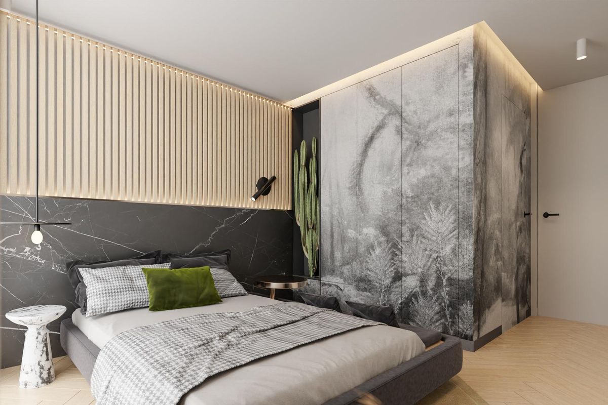 Stijlvolle slaapkamer versierd met moderne decoratie en een prachtige kast in een 3-slaapkamer woning in Orihuela Costa.