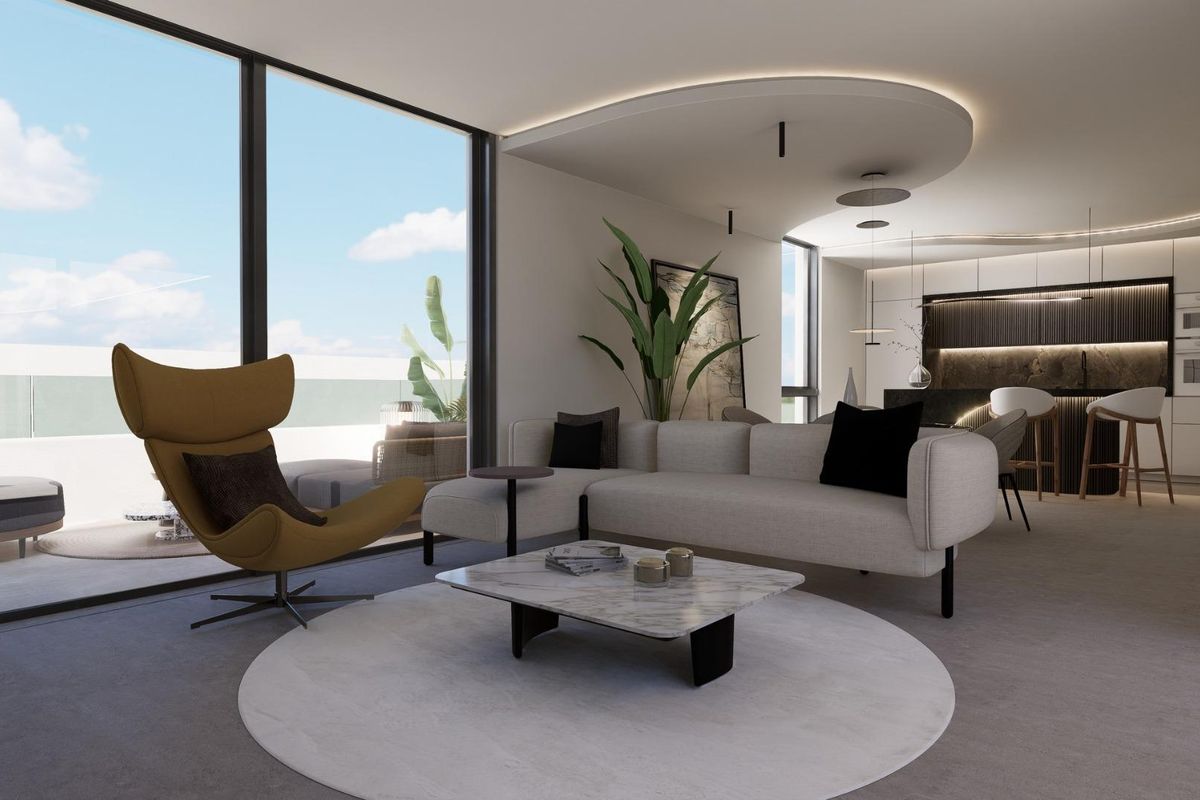 Moderne woonkamer in de 3-slaapkamer villa in Rojales, met een gezellige bank en stijlvolle eetruimte.