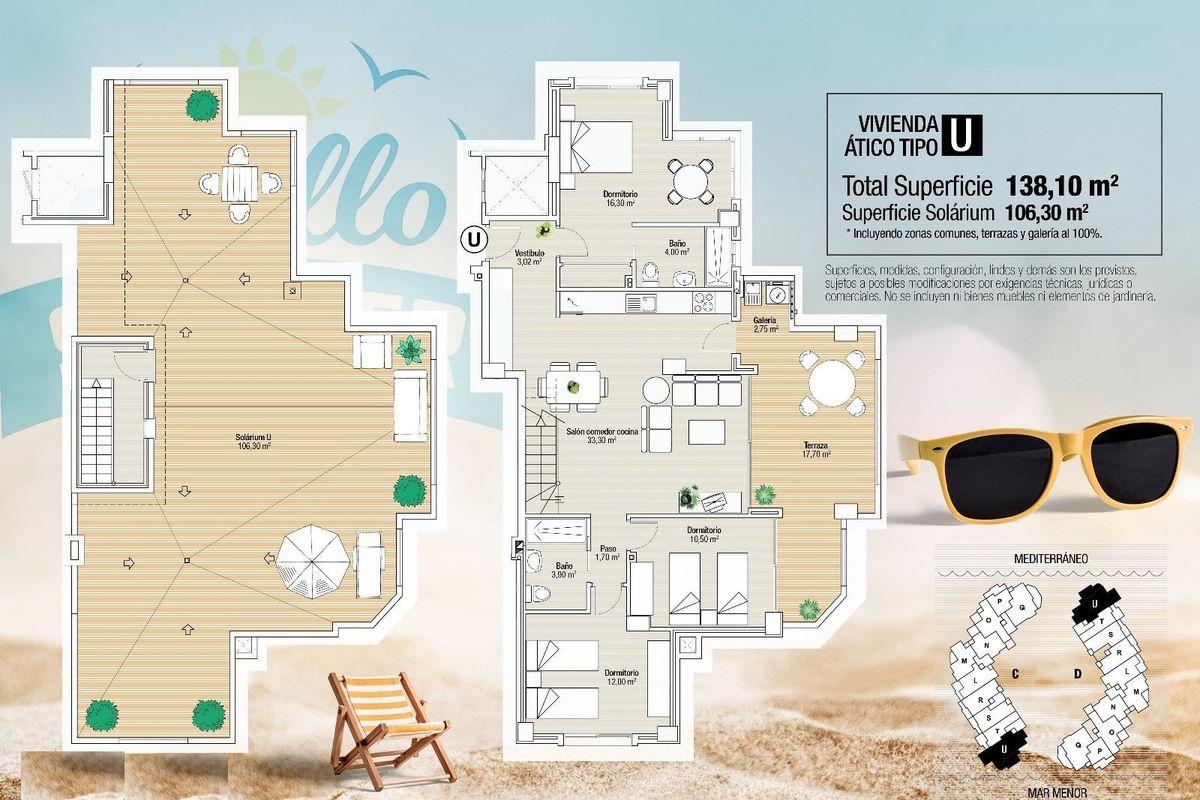 Plattegrond van een 3-slaapkamer penthouse met een ruime indeling en daktuin in La Manga del Mar Menor.
