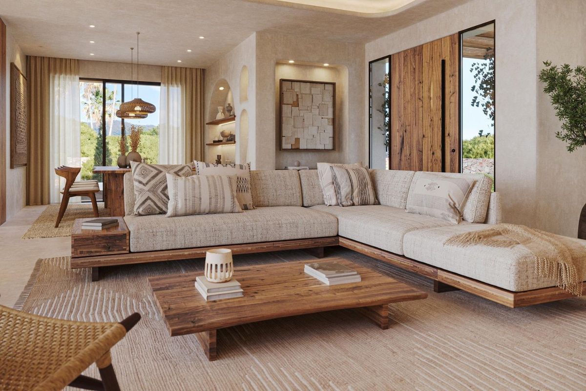 Gezellige woonkamer van een 3-slaapkamer villa in Jávea, met unieke meubels en toegang tot de tuin.