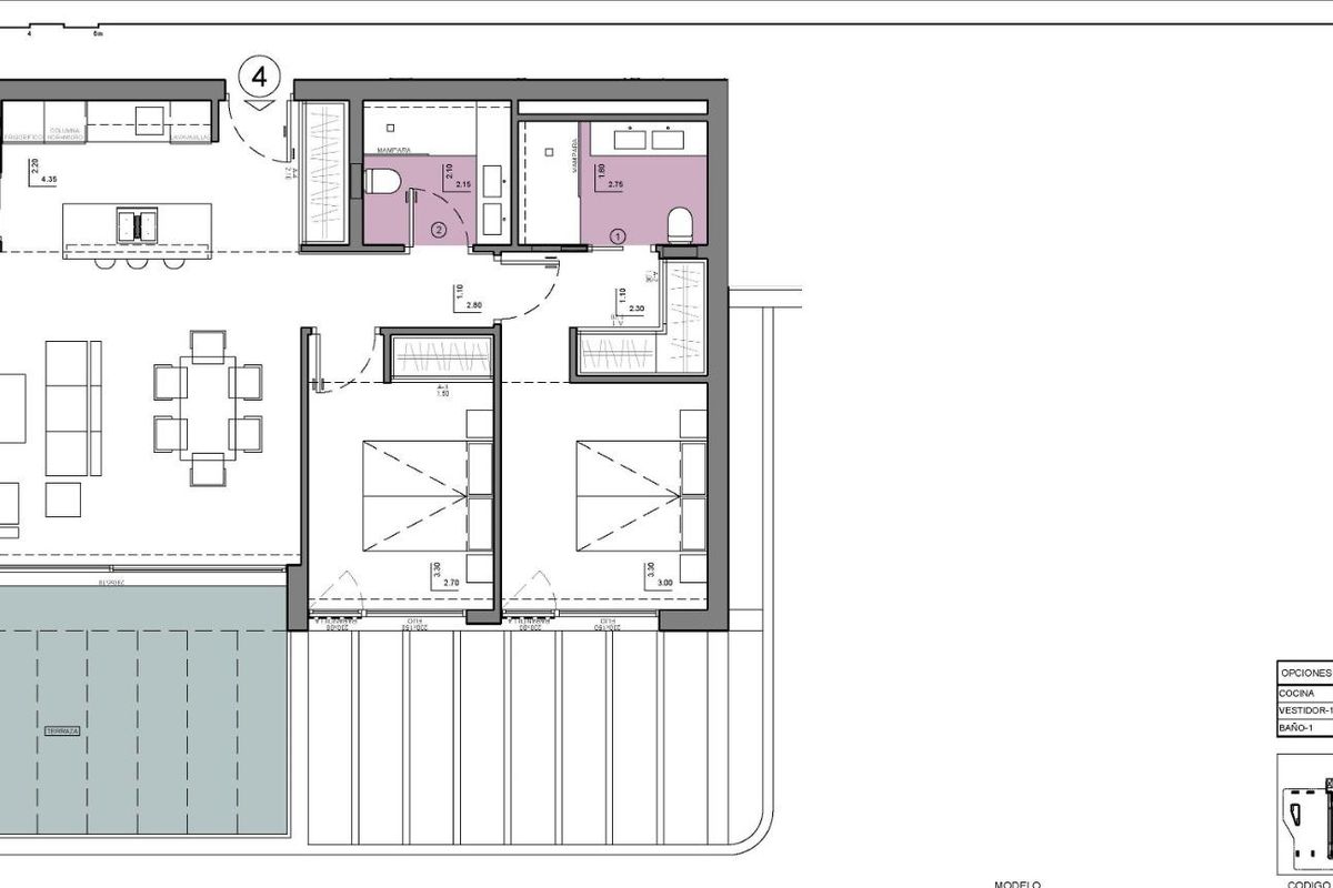 Plattegrond van een 2-slaapkamer appartement die de indeling en ruimtegebruik toont, ideaal voor wonen in Calpe.