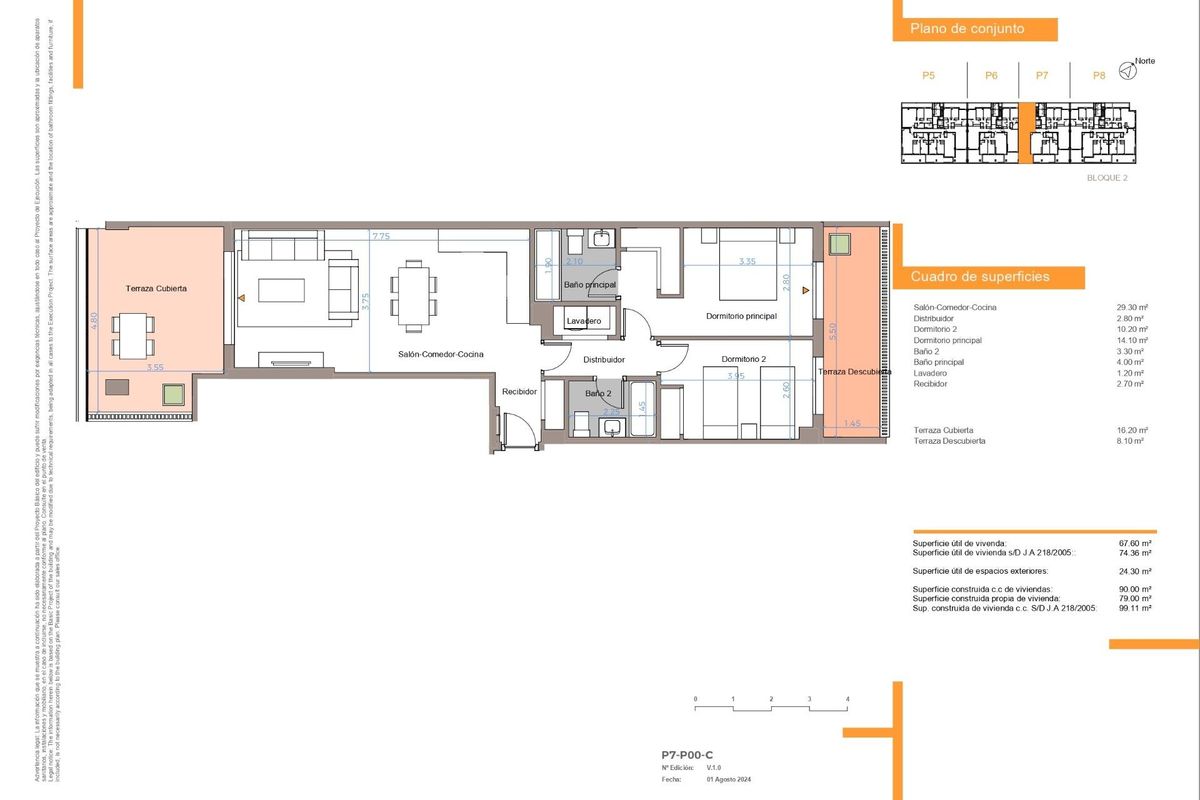 Plattegrond van een gelijkvloers appartement met 2 slaapkamers in Benalmádena, Costa del Sol, met indeling en afmetingen.