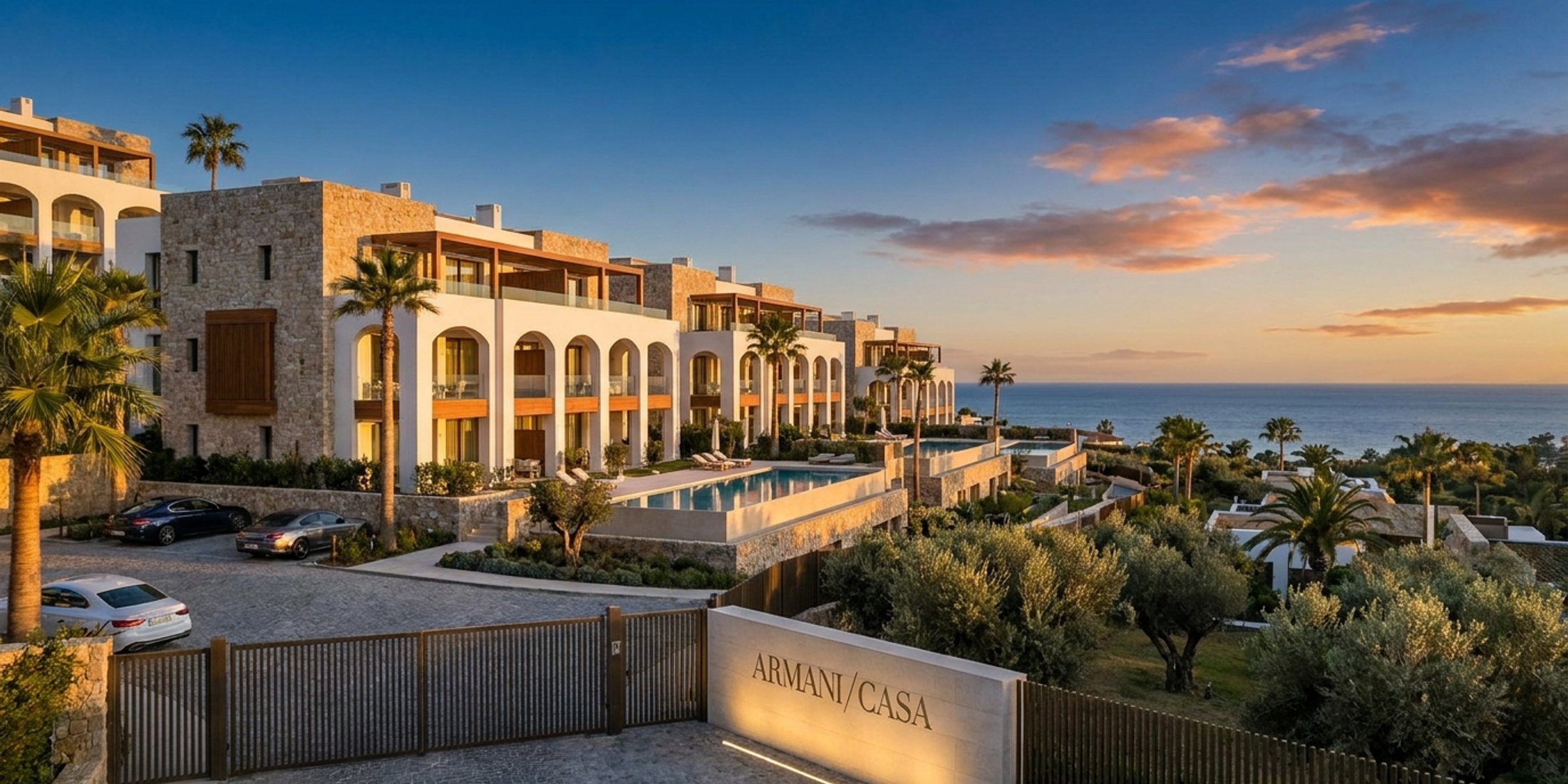 Exterior view of the stunning Armani Residences in Marbella at sunset