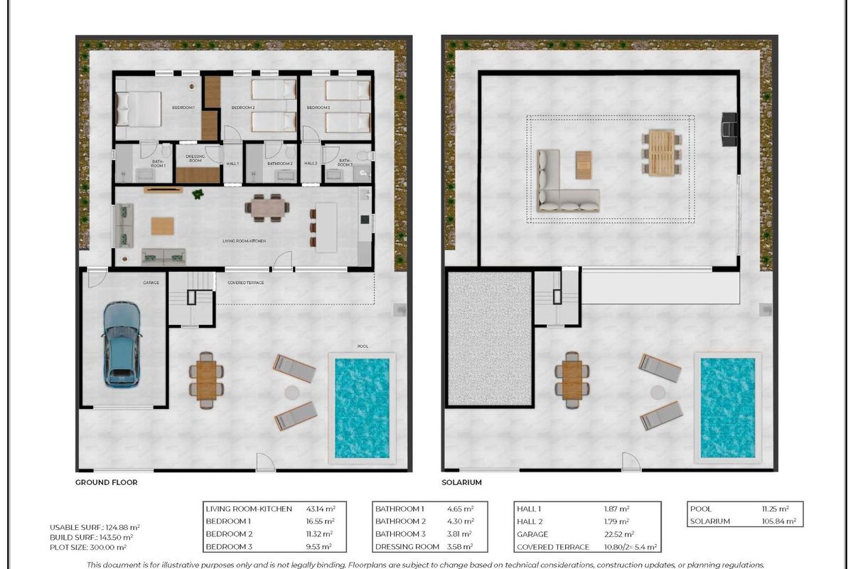 Plattegrond van de begane grond en bovenverdieping van een 3-slaapkamer villa, gelegen in Fuente Álamo, Costa Calida.