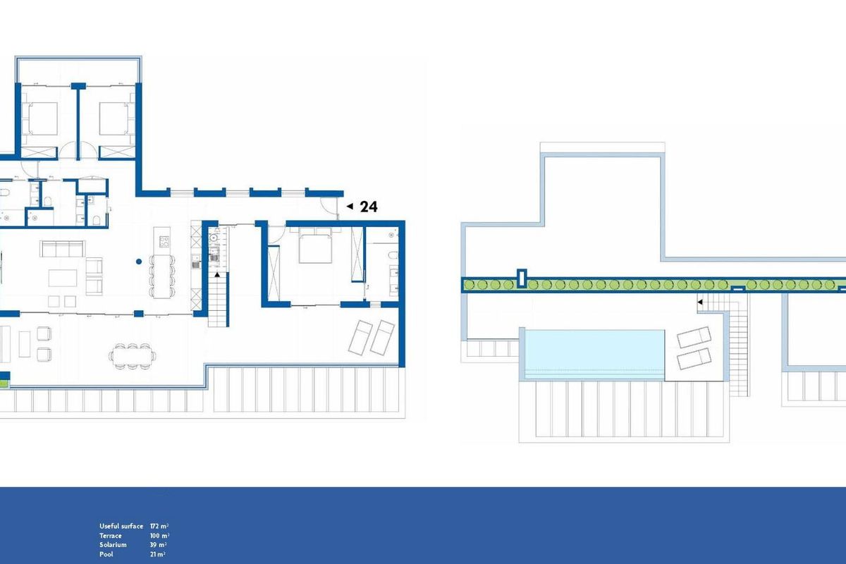 Plattegrond van een 4-slaapkamer penthouse in Estepona, toont woonruimtes en terrasindeling.