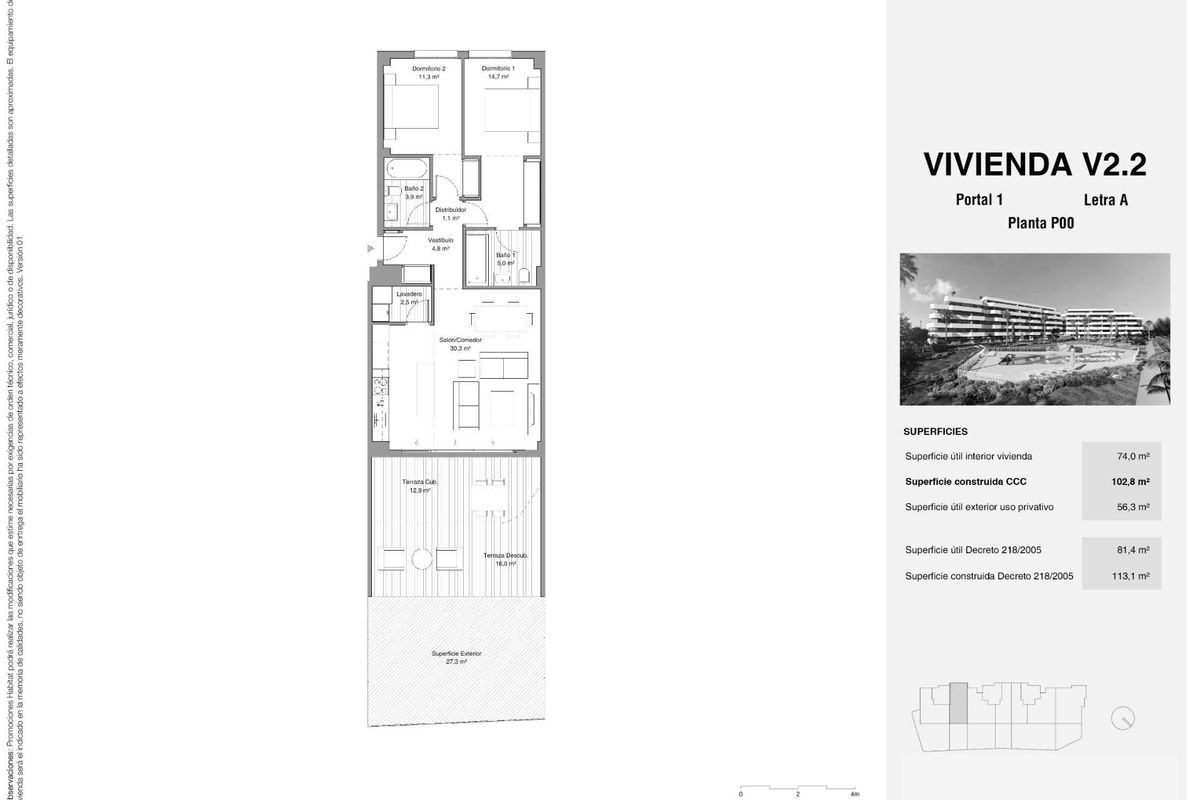 Plattegrond van een 2-slaapkamer appartement in Torremolinos, Costa del Sol, met woonruimtes.