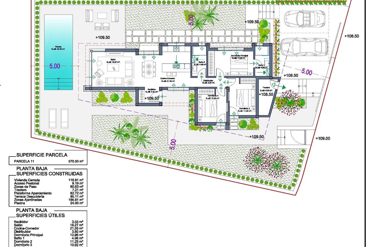 Plattegrond van een 3-slaapkamer villa in La Manga Club, Costa Calida, met indeling en buitenruimtes.