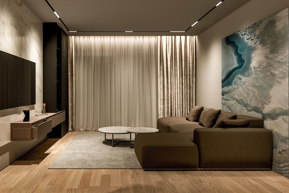 Gezellige woonkamer met warme verlichting en moderne inrichting in een appartement in Torrevieja. Ideaal om te ontspannen.