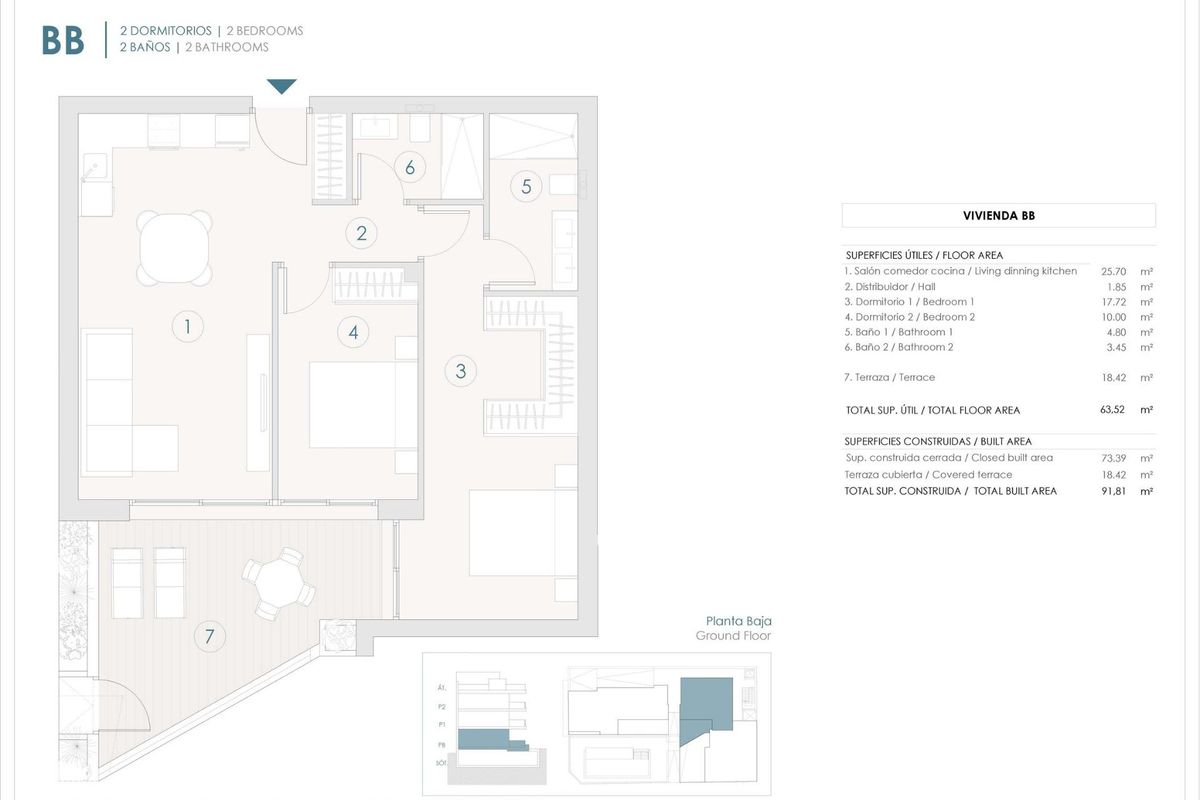 Plattegrond van een 2-slaapkamer, 2-badkamer appartement met indeling en ontwerpdetails in Benijofar, Costa Blanca Zuid.