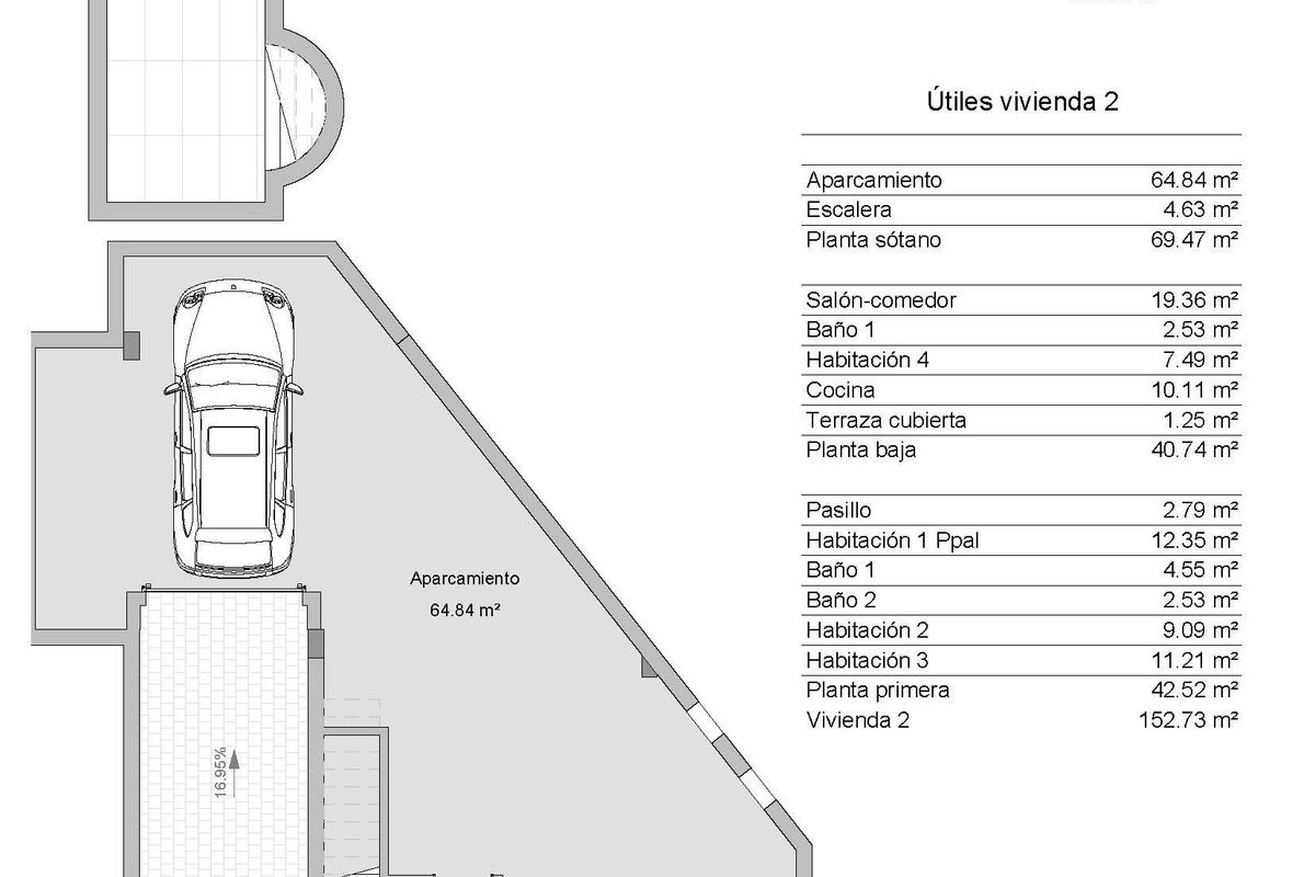 Plattegrond van een 4-slaapkamer townhouse in Los Alcazares, met details van kamerformaten en indeling.