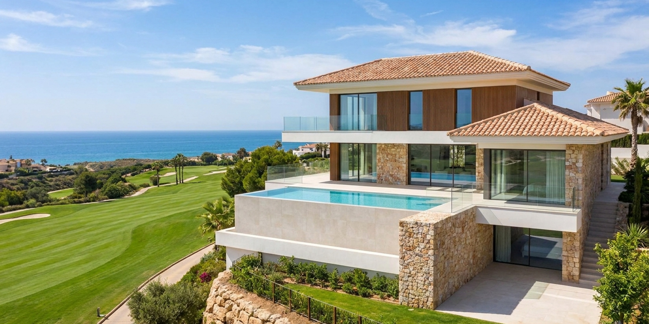 Een moderne nieuwbouw luxevilla met uitzicht op een ongerepte groene golfbaan aan de Costa Calida