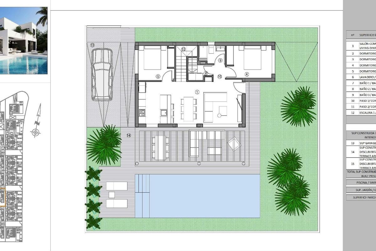 Plattegrond van een 4-slaapkamer villa in Finestrat, met indeling van het zwembadgebied en de tuin.
