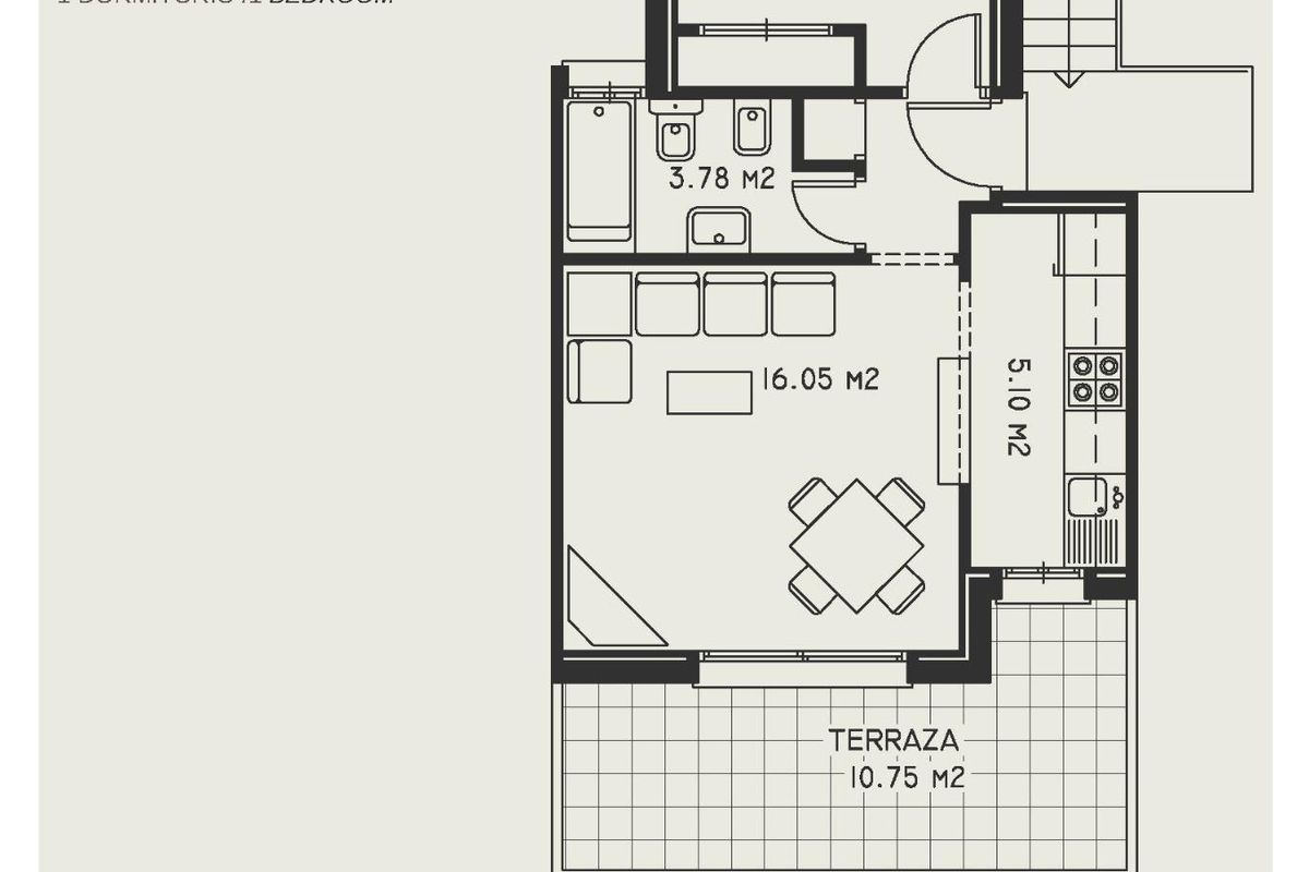 Plattegrond van een 1-slaapkamer bungalow in Calpe, met weergave van indeling en afmetingen voor efficiënt wonen.